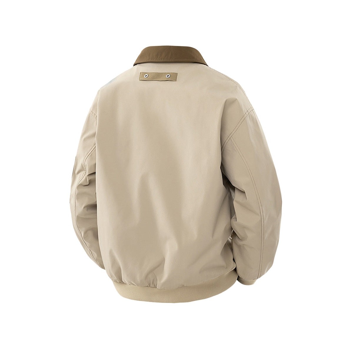 Back of the light jacket with a brown collar and a small label