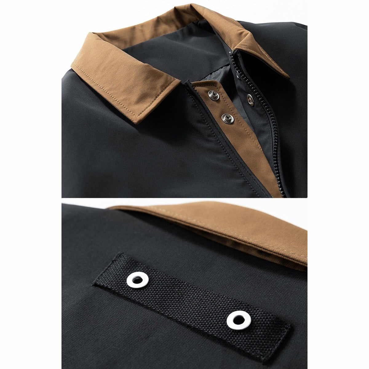 Close view of the brown collar and snap tab on the black jacket