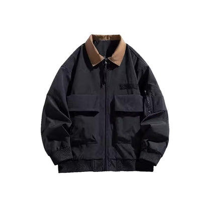 Black pilot jacket with a tan contrast collar, front view