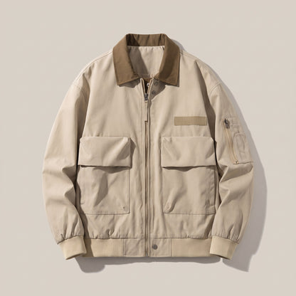 Khaki pilot jacket with a brown contrast collar, front view