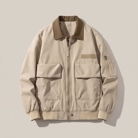 Khaki pilot jacket with a brown contrast collar, front view