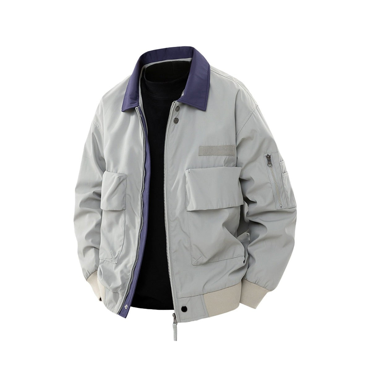 Silver pilot jacket with a dark contrast collar, front view