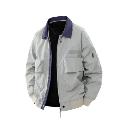 Silver pilot jacket with a dark contrast collar, front view