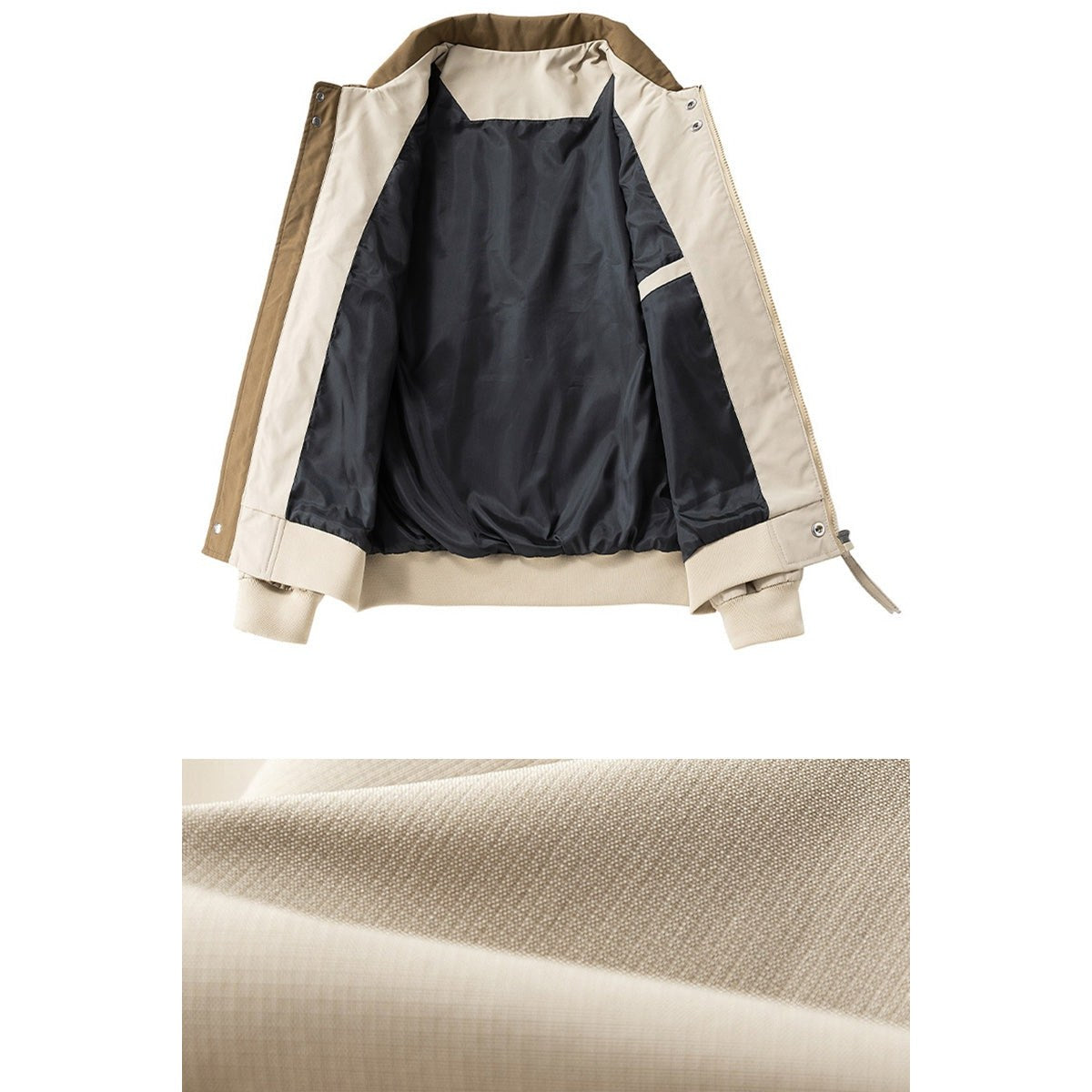 Light jacket opened flat to show a dark lining and cream trim
