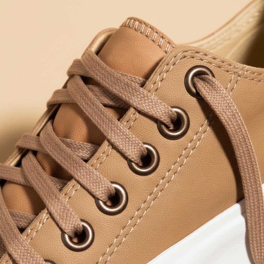 Close view of the metal eyelets and laces on the tan canvas upper