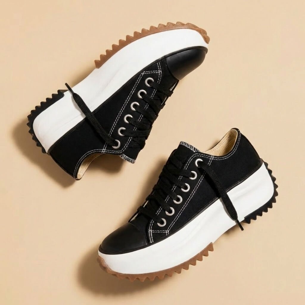 Black platform sneakers with a white sole and trim, seen from above