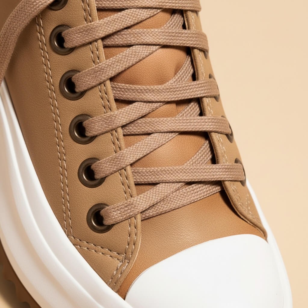 Close view of the white toe cap and lacing on the tan sneaker