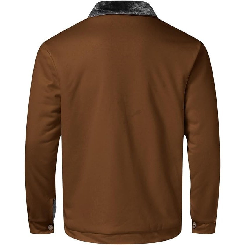 Back of the brown jacket with a plush collar and a smooth panel