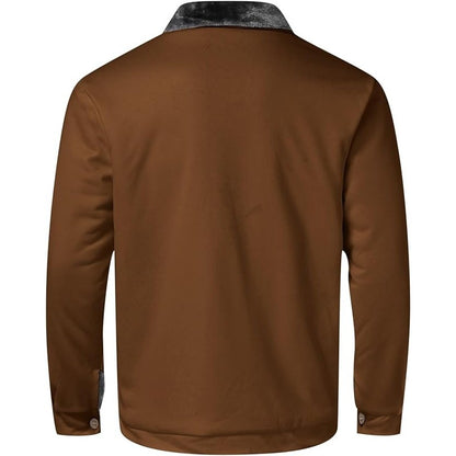 Back of the brown jacket with a plush collar and a smooth panel