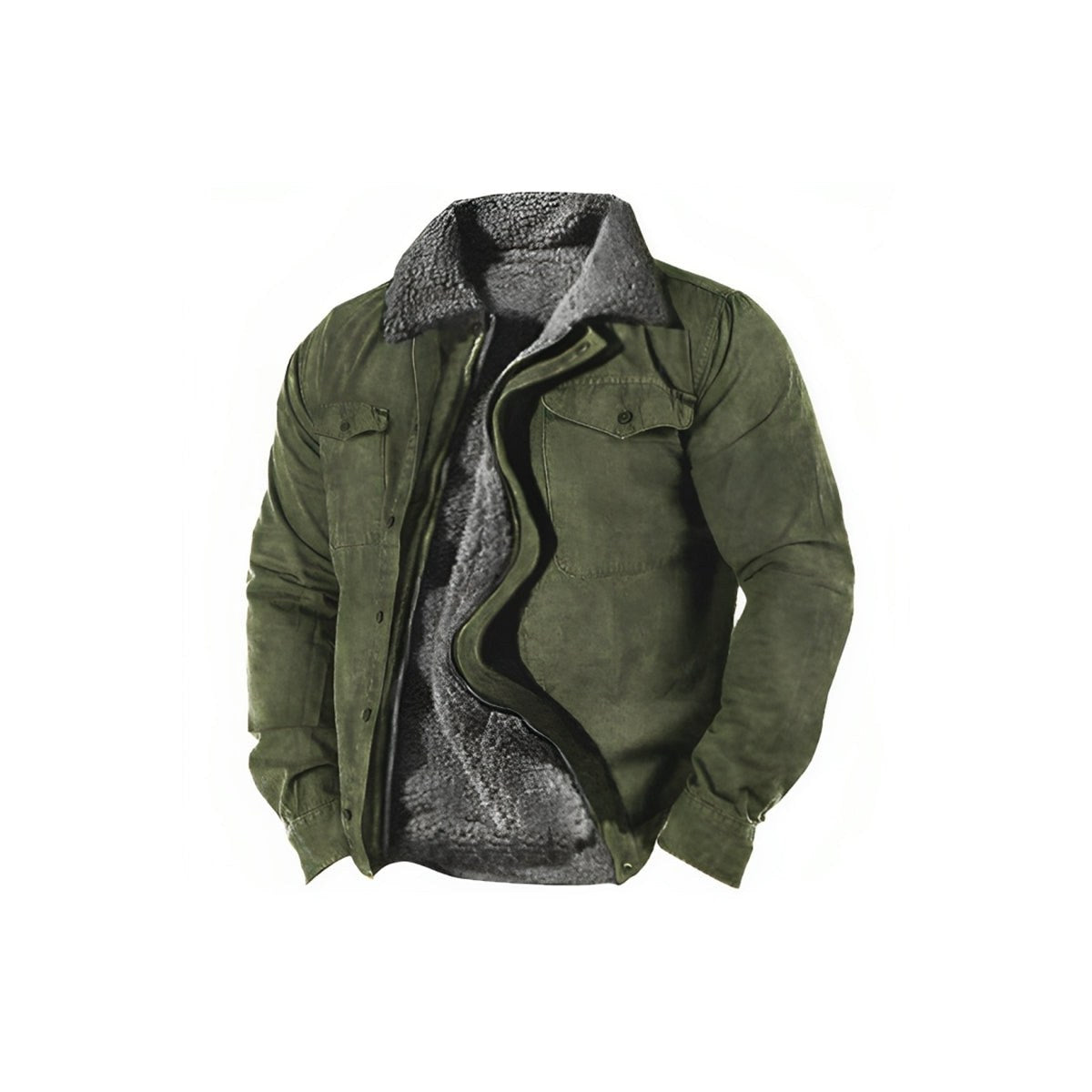 Army green work jacket with a plush grey lining, front view