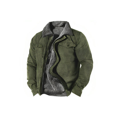 Army green work jacket with a plush grey lining, front view