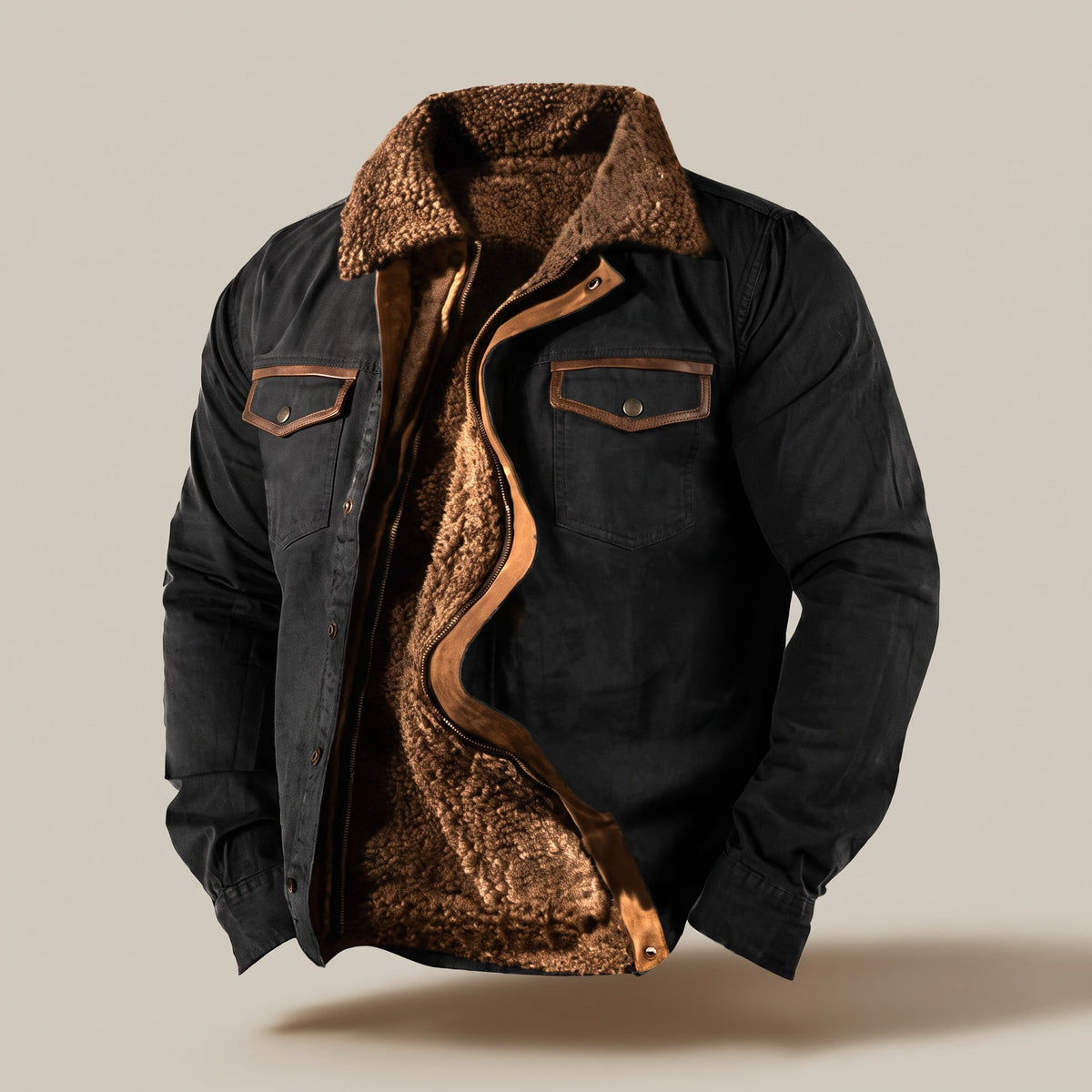 Black work jacket with a plush brown lining, front view