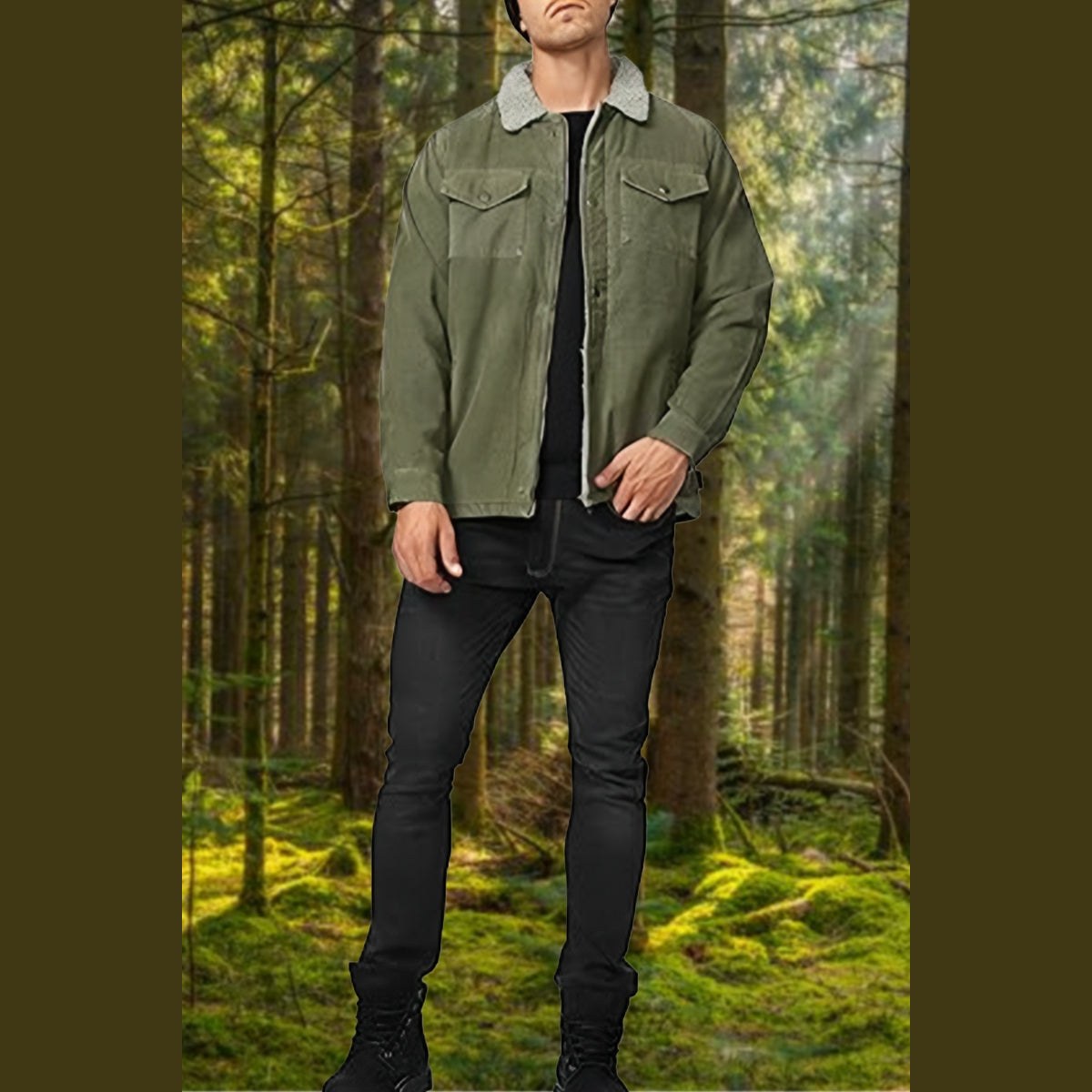 Man among tall trees wearing the green jacket with a pale plush collar
