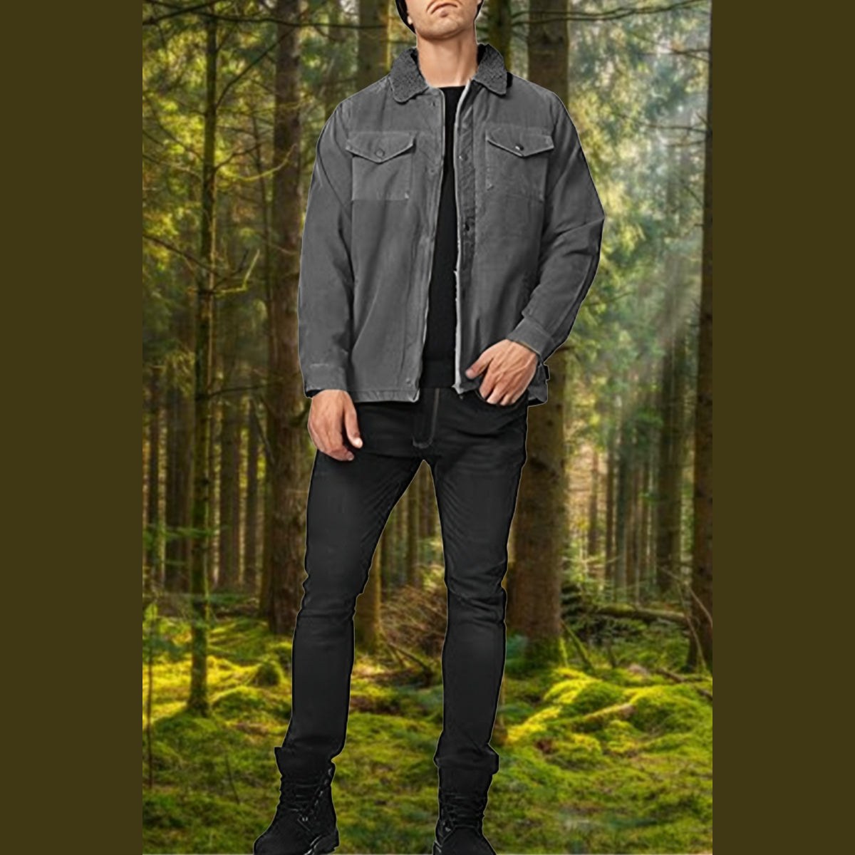 Man among tall trees wearing the grey jacket with two chest pockets