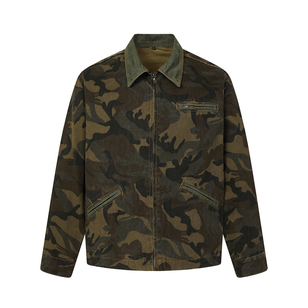 Quigley camo canvas work jacket in Green Collar 1