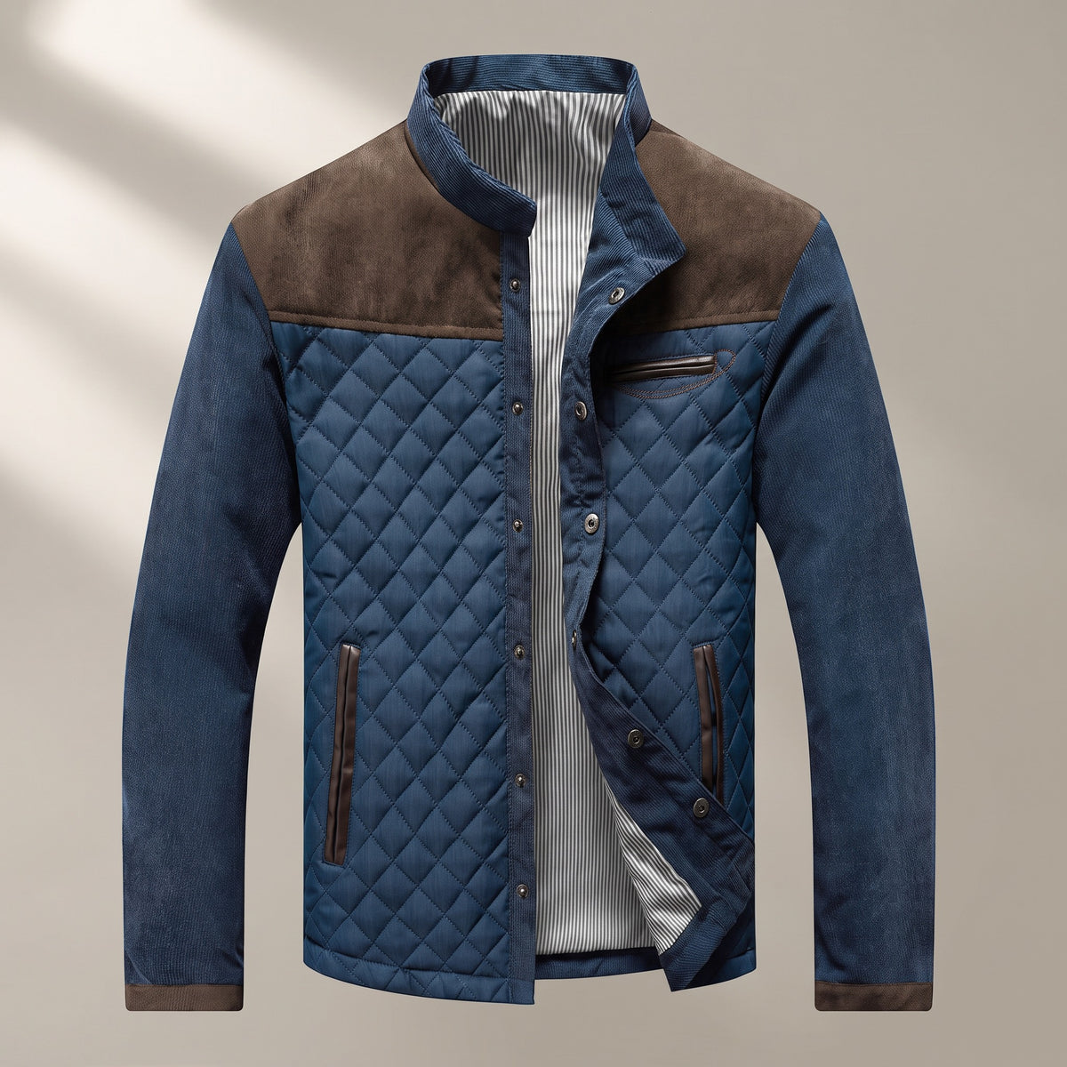 Quilted stand-collar jacket with a brown yoke and a blue body, front view