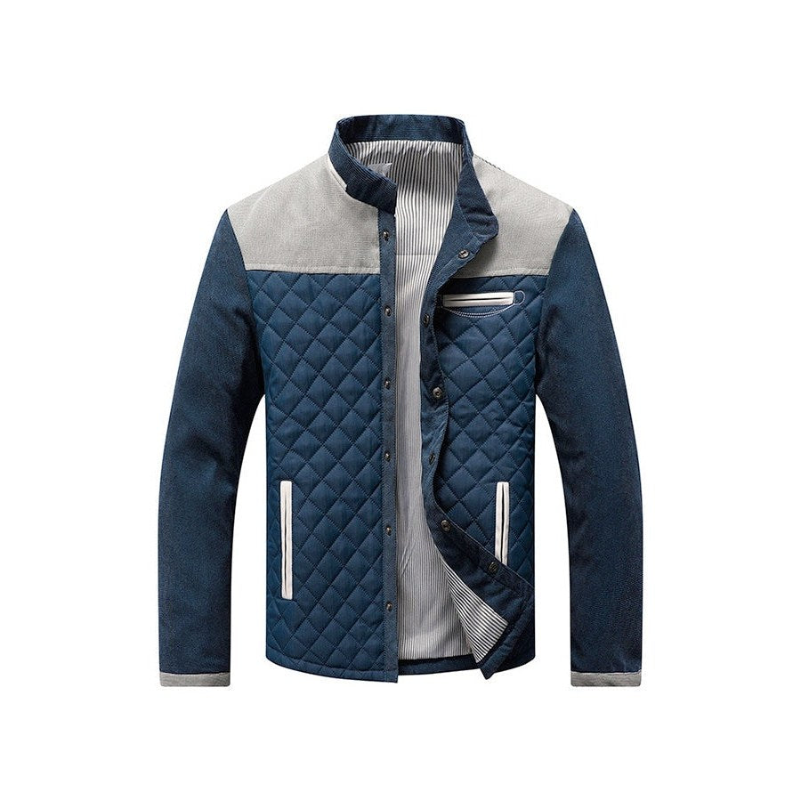 Quilted stand-collar jacket with a grey yoke and a blue body, front view