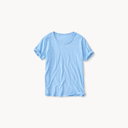 Sky blue men's raw edge crew neck t-shirt, front view