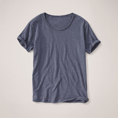 Slate grey men's raw edge crew neck t-shirt, front view