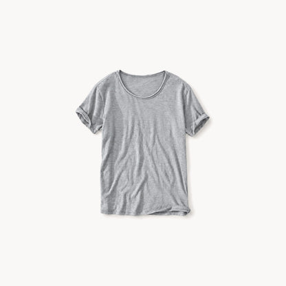 Heather gray men's raw edge crew neck t-shirt, front view