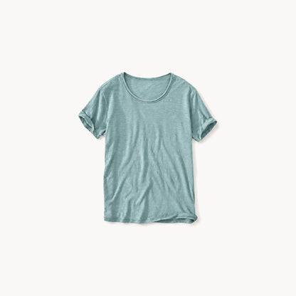 Mint green men's raw edge crew neck t-shirt, front view