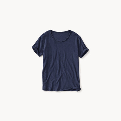 Navy men's raw edge crew neck t-shirt, front view