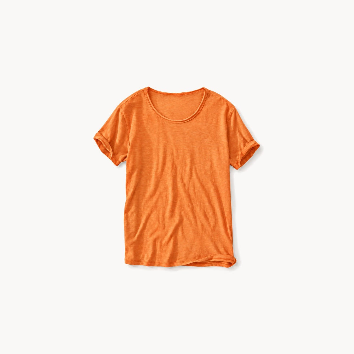 Orange men's raw edge crew neck t-shirt, front view