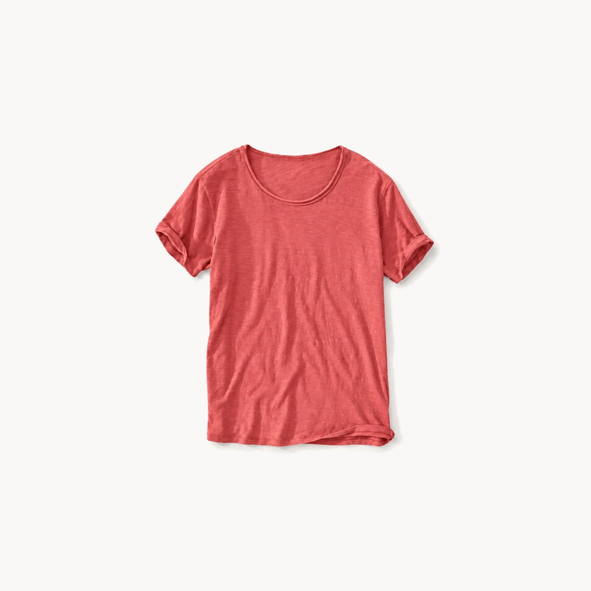 Coral red men's raw edge crew neck t-shirt, front view