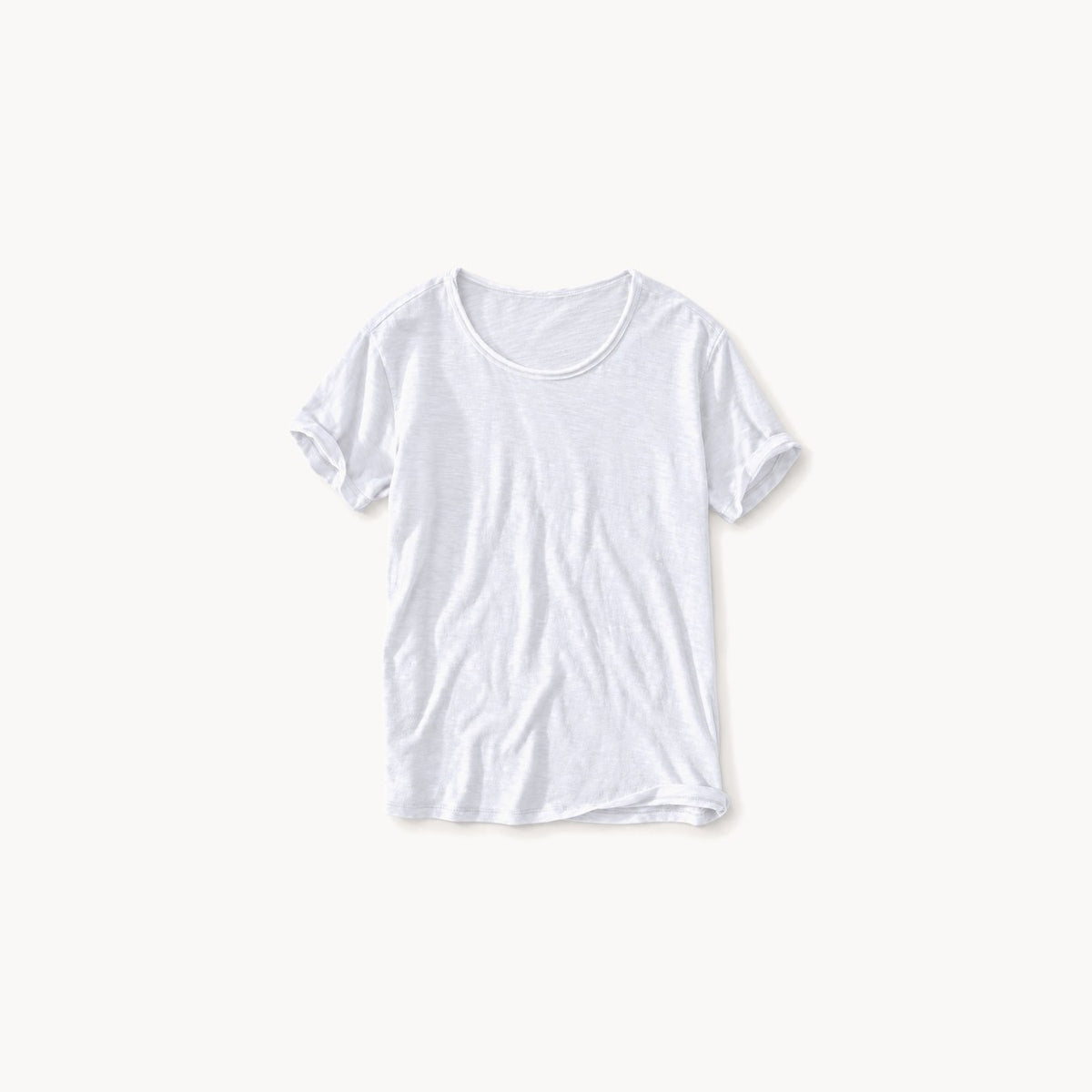 White men's raw edge crew neck t-shirt, front view