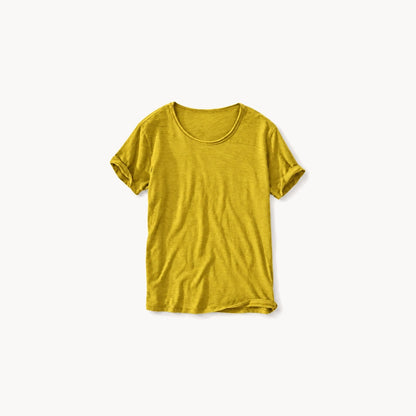 Mustard yellow men's raw edge crew neck t-shirt, front view