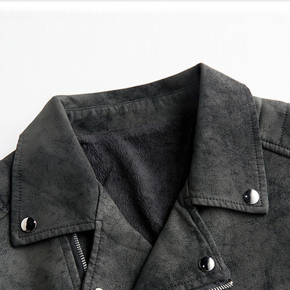 Rhett moto jacket collar and snap lapel detail