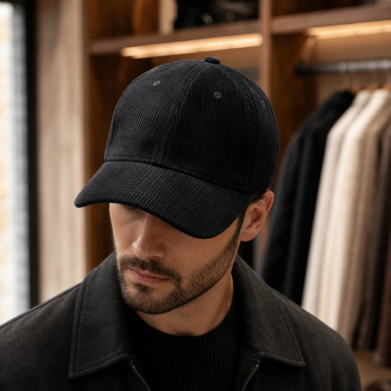 Ribbed Corduroy Cap worn with a casual menswear outfit