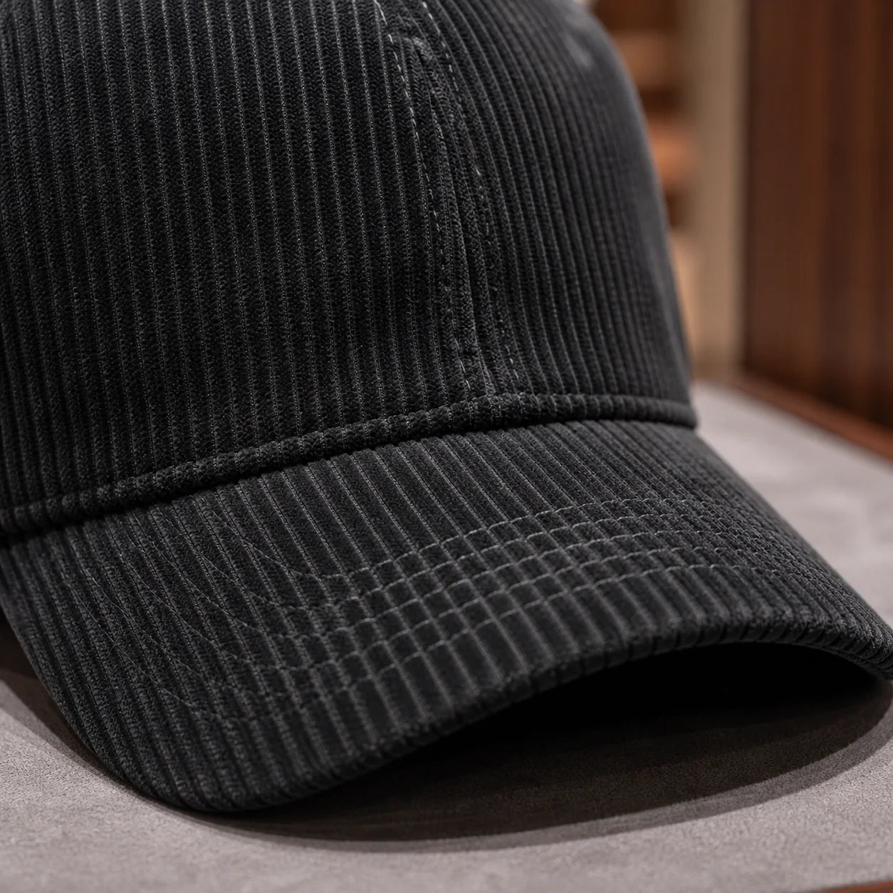 Ribbed Corduroy Cap close-up ribbed texture and brim stitching