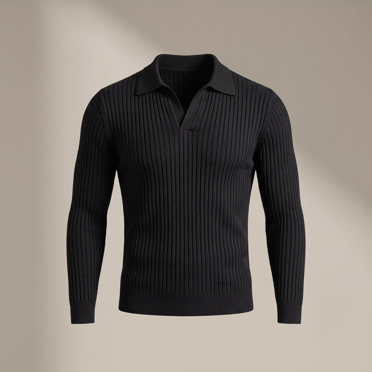 Black ribbed long-sleeve polo with an open collar, front view
