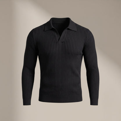 Black ribbed long-sleeve polo with an open collar, front view