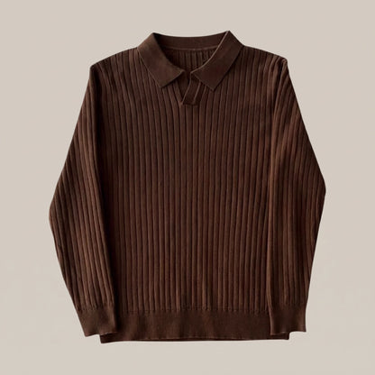Brown ribbed long-sleeve polo with an open collar, front view