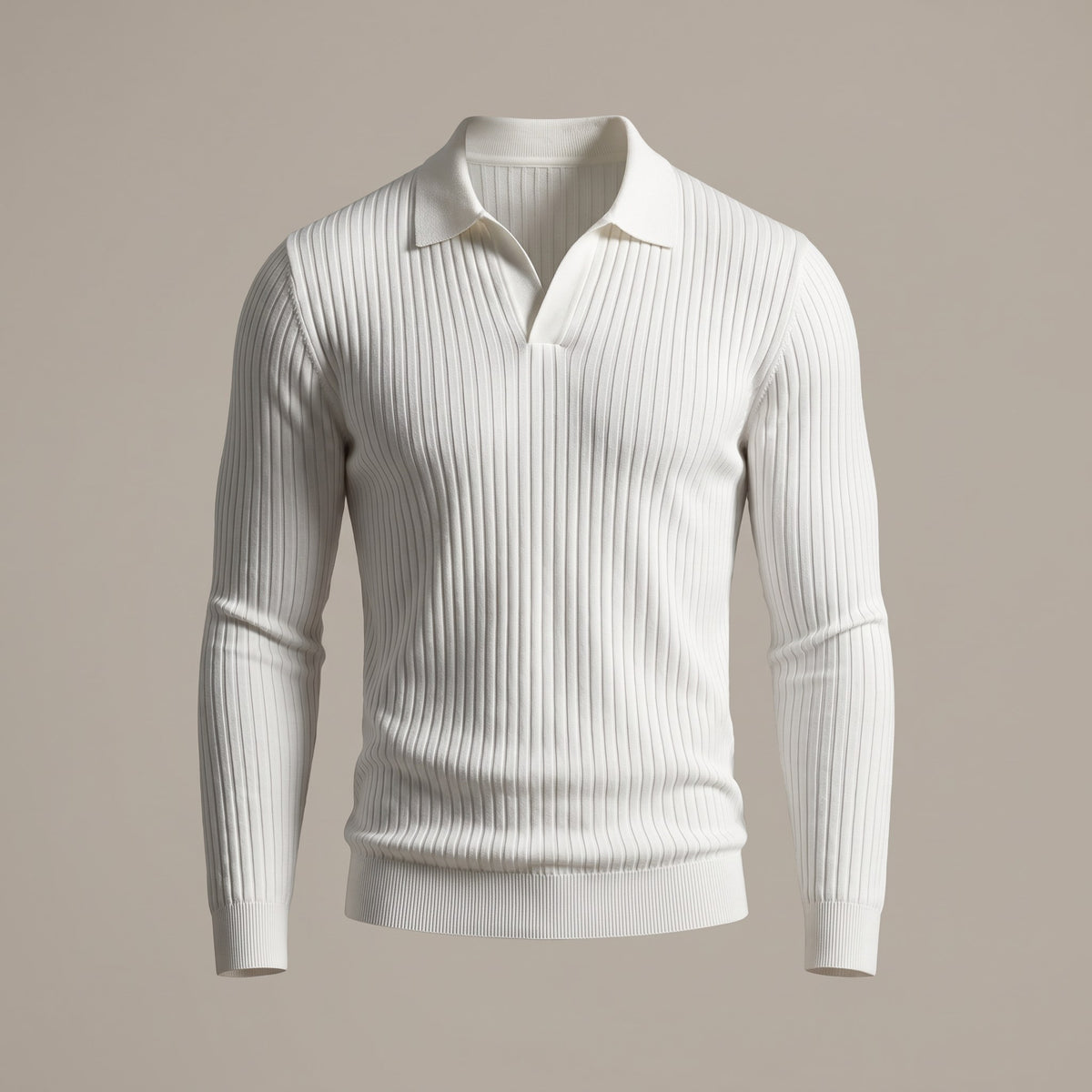 White ribbed long-sleeve polo with an open collar, front view