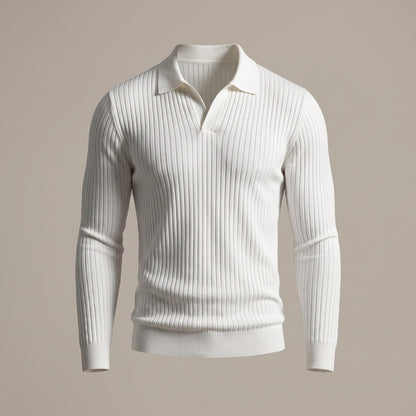 White ribbed long-sleeve polo with an open collar, front view