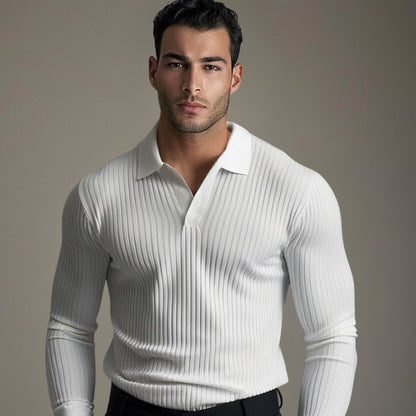 Man wearing the white ribbed polo with the placket open at the neck