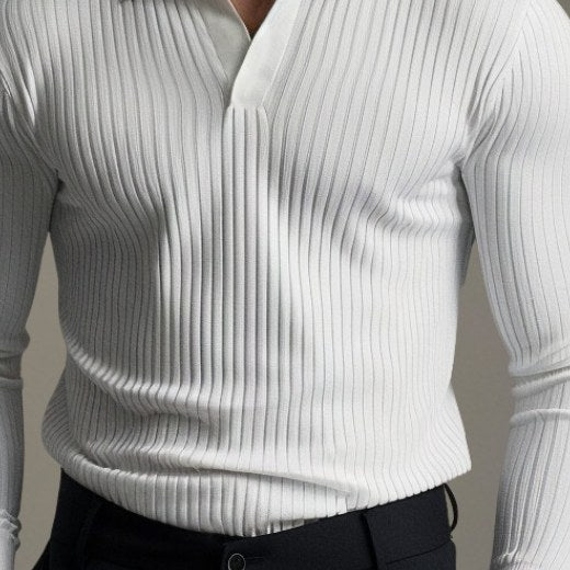 Close view of the vertical ribbing and placket on the white polo