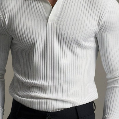 Close view of the vertical ribbing and placket on the white polo