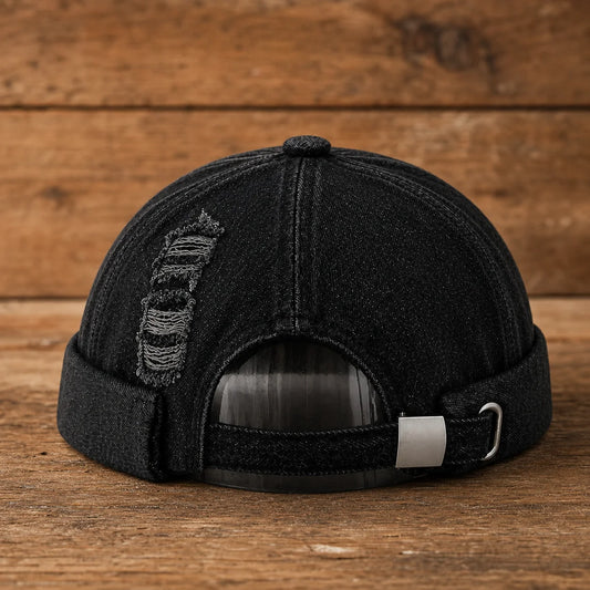 Ripped Denim Hat in Black