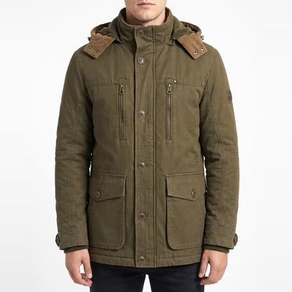 Rowan hooded jacket front view in Green 5