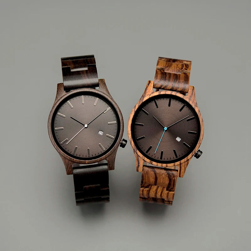 Two Rutledge walnut wood watches side by side in different wood tones