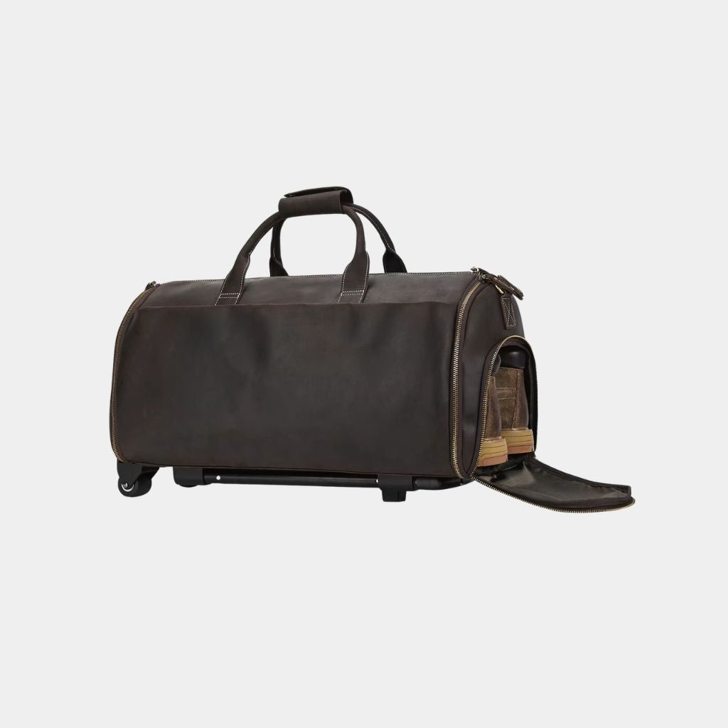 Sheffield duffle in Dark Brown with the shoe compartment open