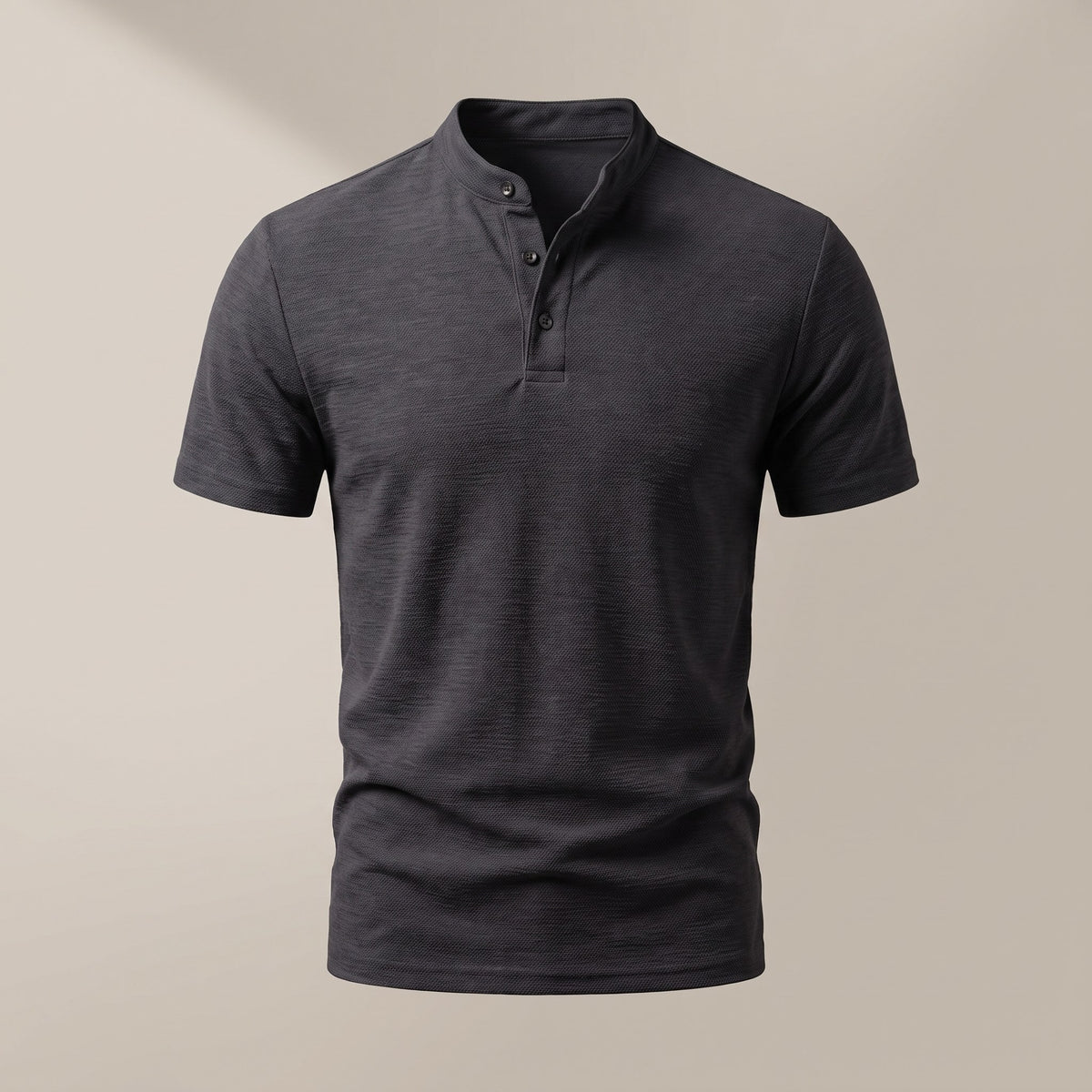 Charcoal black men's short sleeve henley shirt with a three-button placket