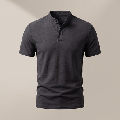 Charcoal black men's short sleeve henley shirt with a three-button placket