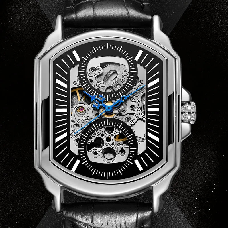 Sterling watch dial close-up with skeleton window and blue hands