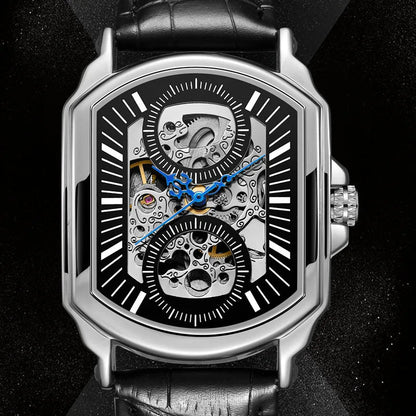 Sterling watch dial close-up with skeleton window and blue hands