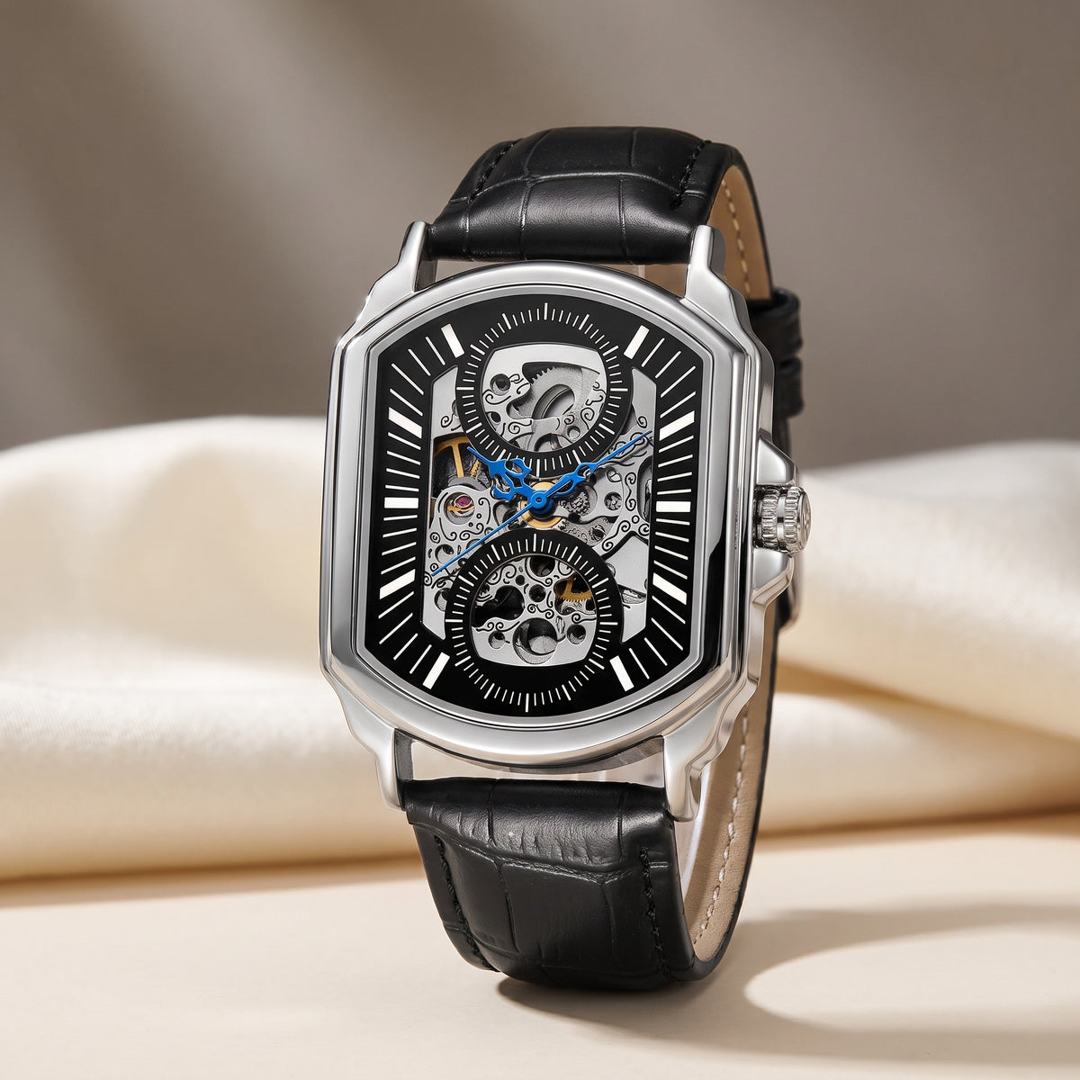 Sterling men's rectangular skeleton watch hero product only in Silver & Black 0